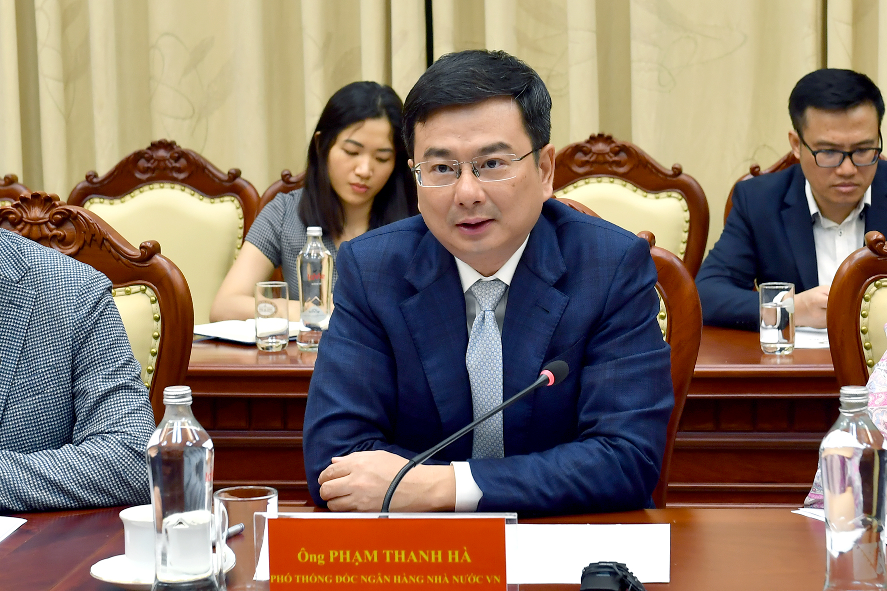 Phó Thống đốc Phạm Thanh Hà phát biểu tại buổi tiếp.